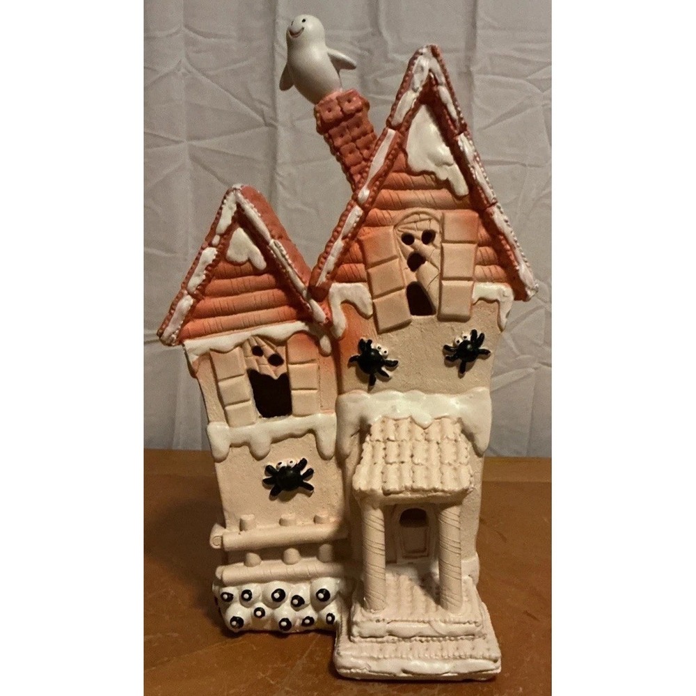 Halloween Gingerbread Pink Pastel Haunted House with Ghost 13.5 " LED light up